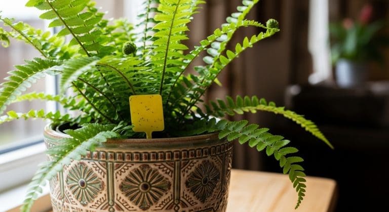 lush indoor fern with yellow sticky trap in home environment