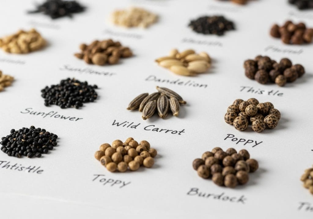 macro of diverse labeled wild plant seeds on archival paper