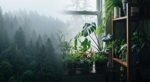 misty mountain canopy fading into a cozy indoor plant shelf