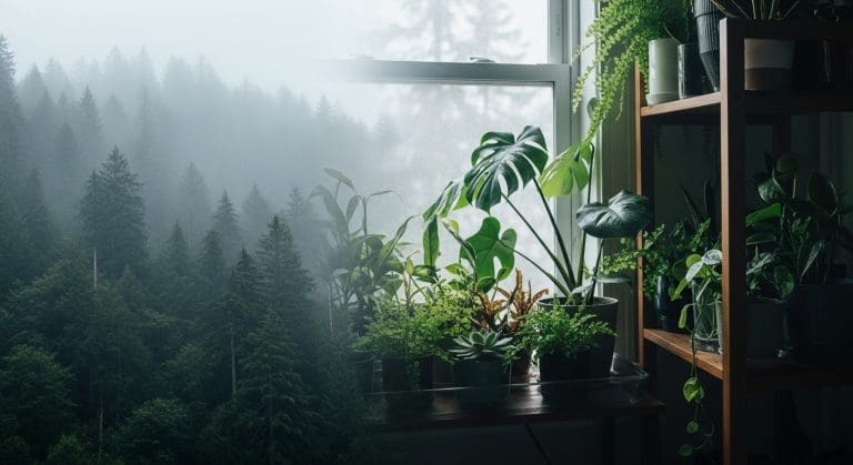 misty mountain canopy fading into a cozy indoor plant shelf