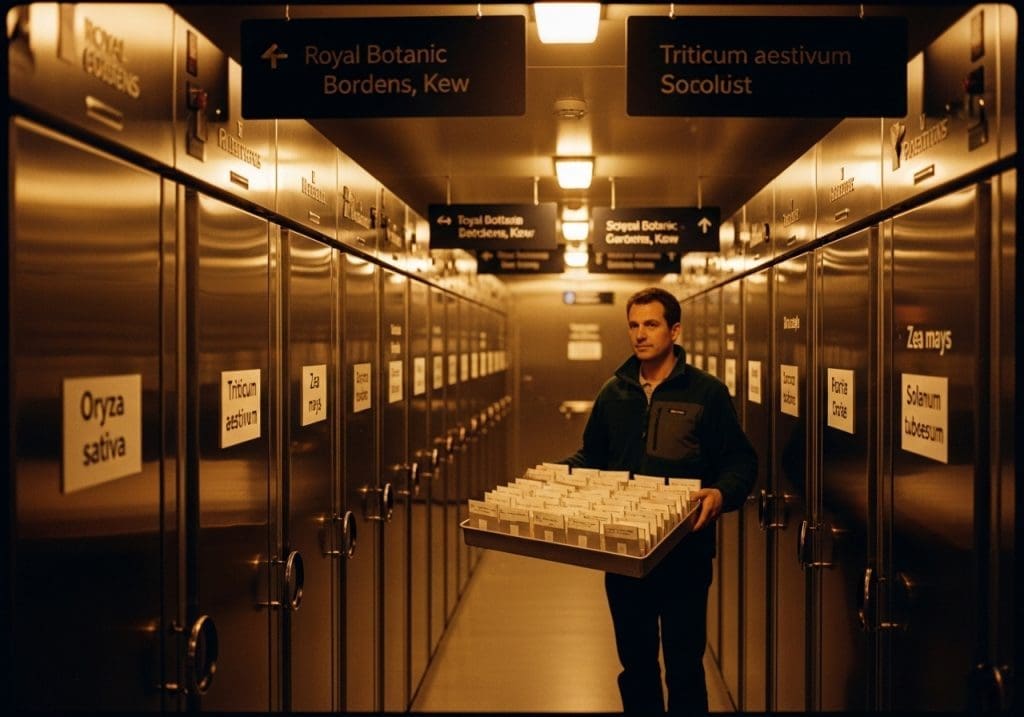 modern seed vault corridor with labeled freezers and botanist holding seed trays
