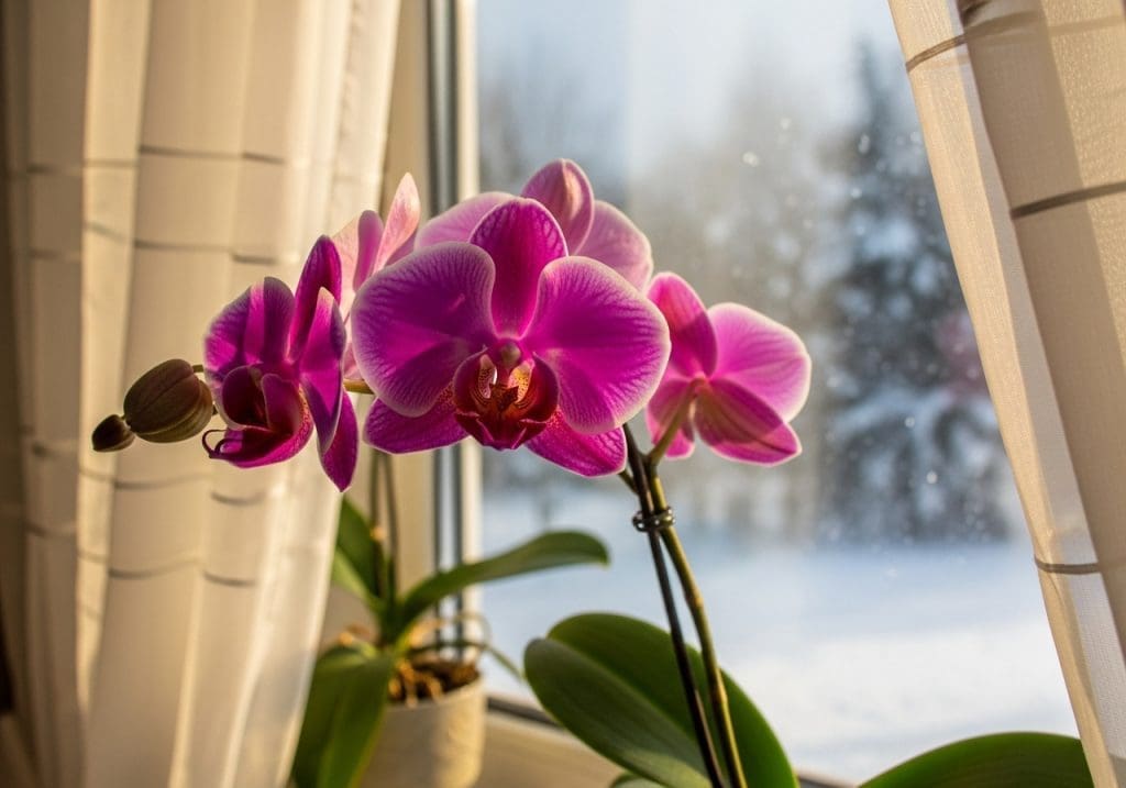orchid on a winter windowsill with soft filtered light
