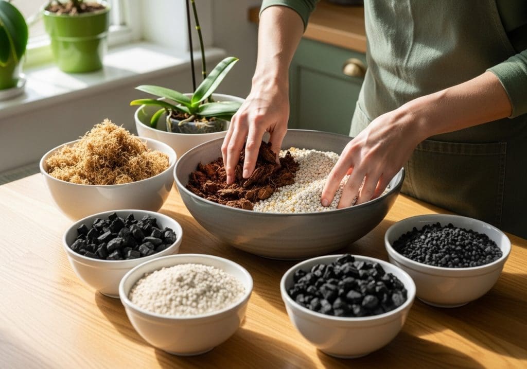orchid potting mix ingredients being blended on a table