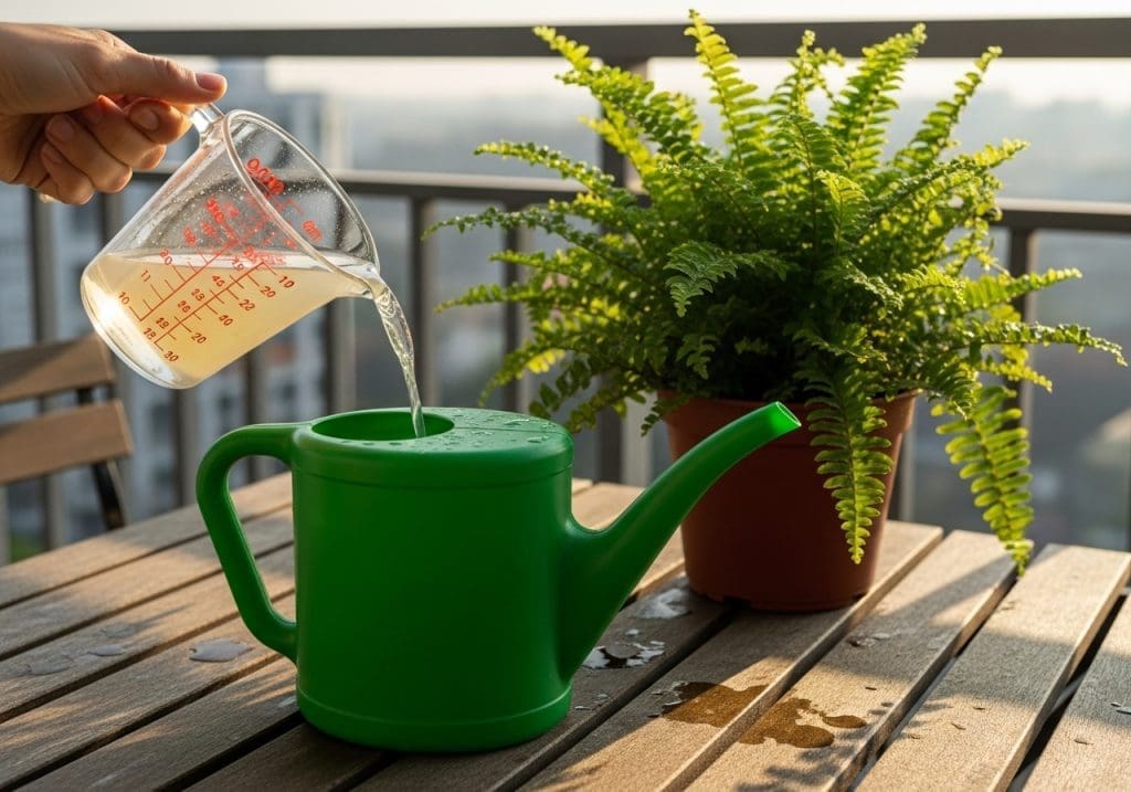 pouring diluted liquid fertilizer into watering can next to fern