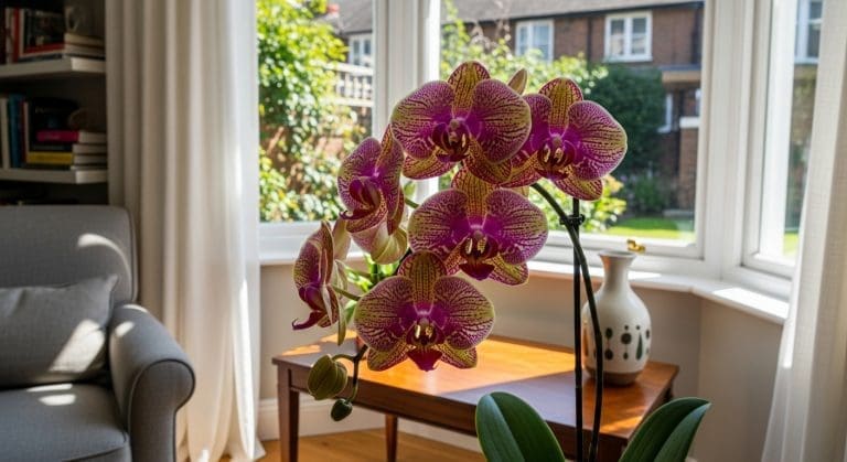 rare tropical orchid in bloom near a sunlit window with sheer curtains