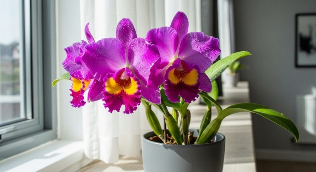 rare tropical orchid on a bright windowsill with filtered light