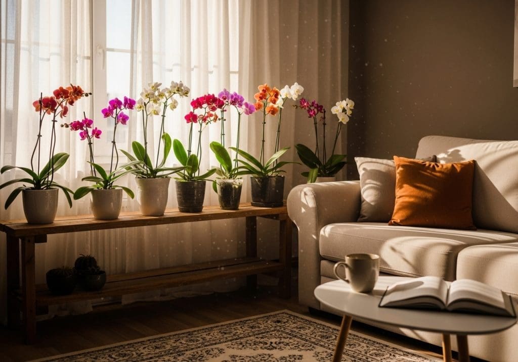 rare tropical orchids on east-facing shelf with filtered light