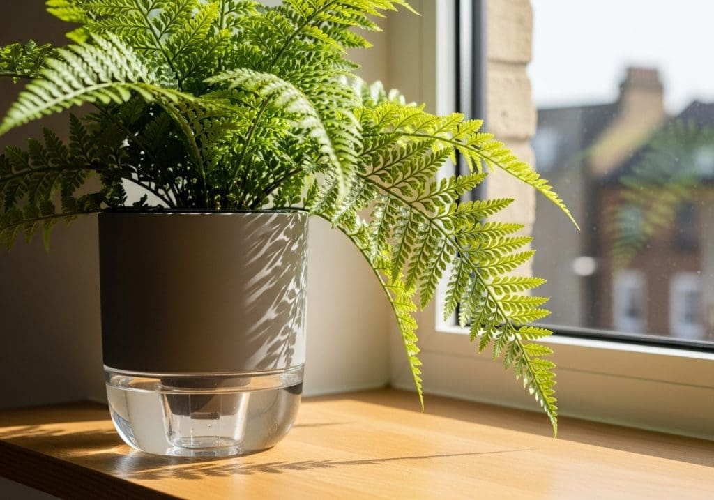 self-watering pot with healthy fern in bright UK apartment
