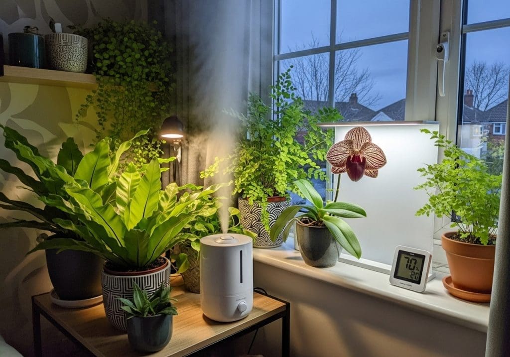 small home plant corner with humidifier, hygrometer, and diffused light