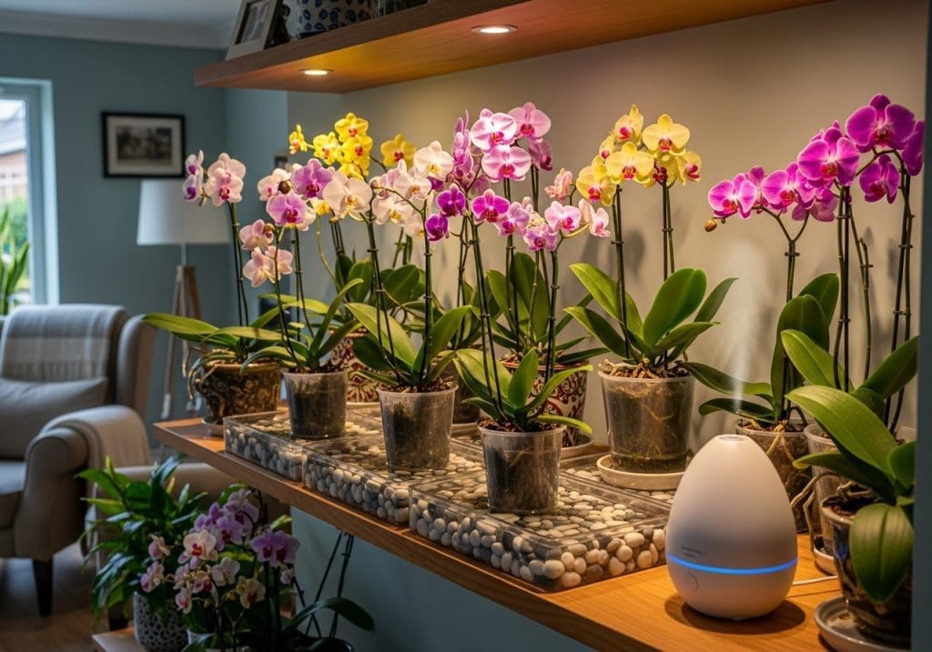 tropical orchids grouped with pebble trays and humidifier