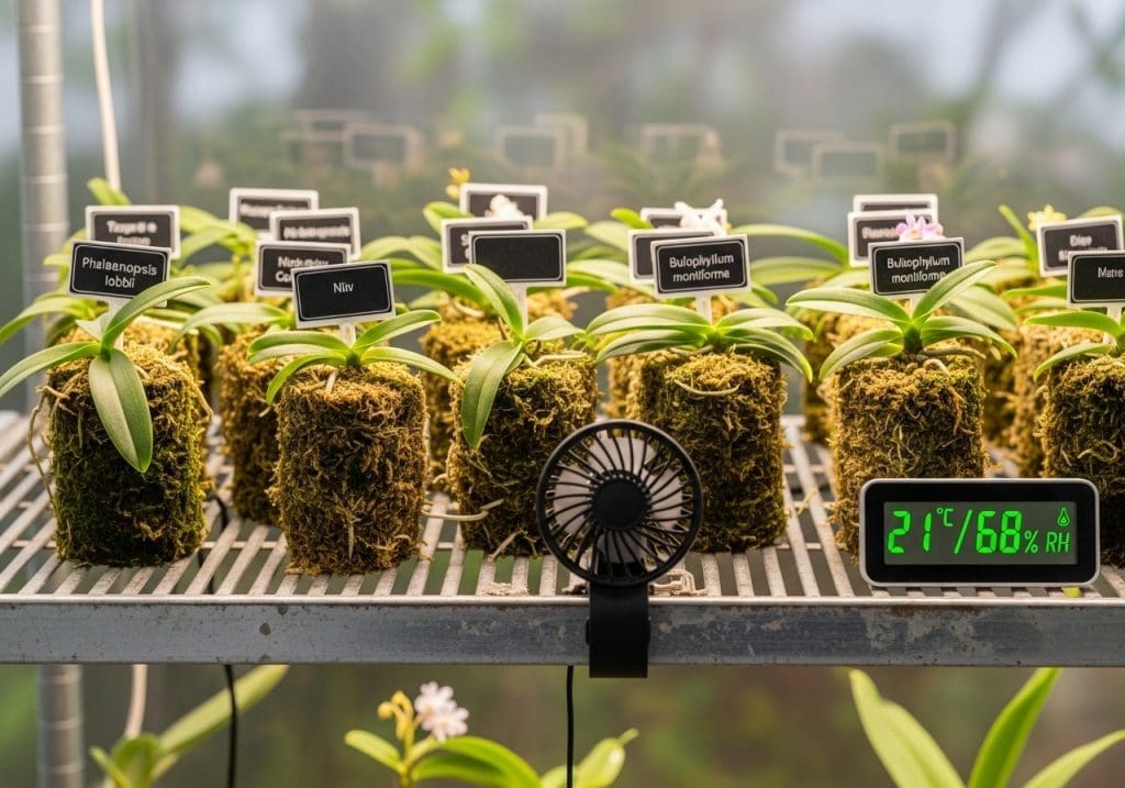 ventilated shelf with mounted orchids, moss, and humidity display