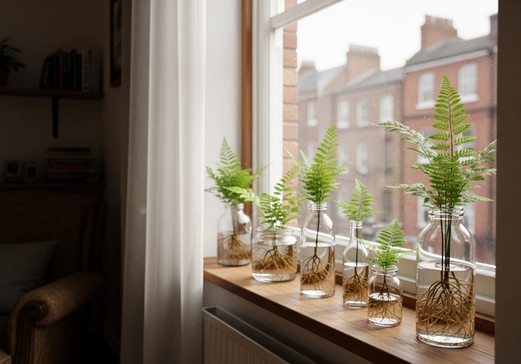 young propagated ferns on a bright windowsill