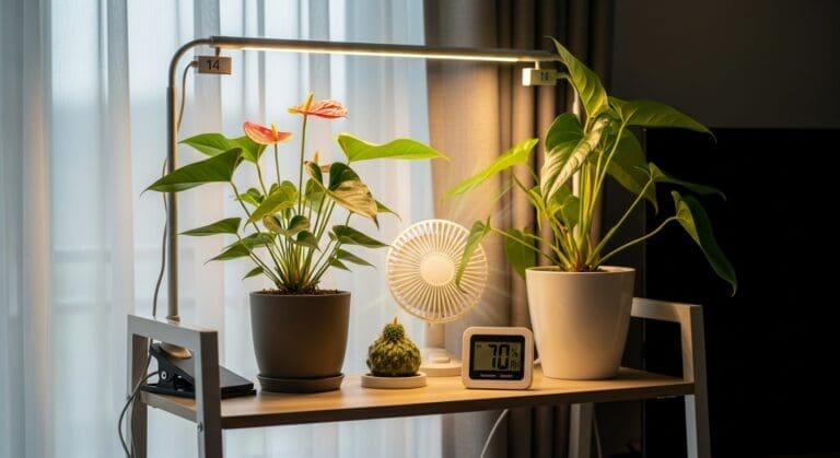 Anthurium & Philodendron on rehab shelf at ~70% RH, LED bar 14 in above