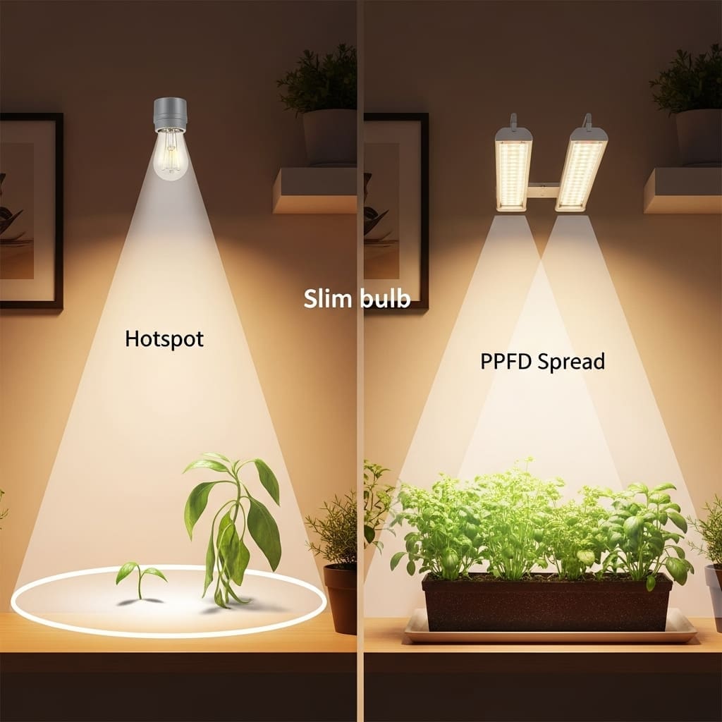 Bulb hotspot vs twin-bar even coverage at leaf height