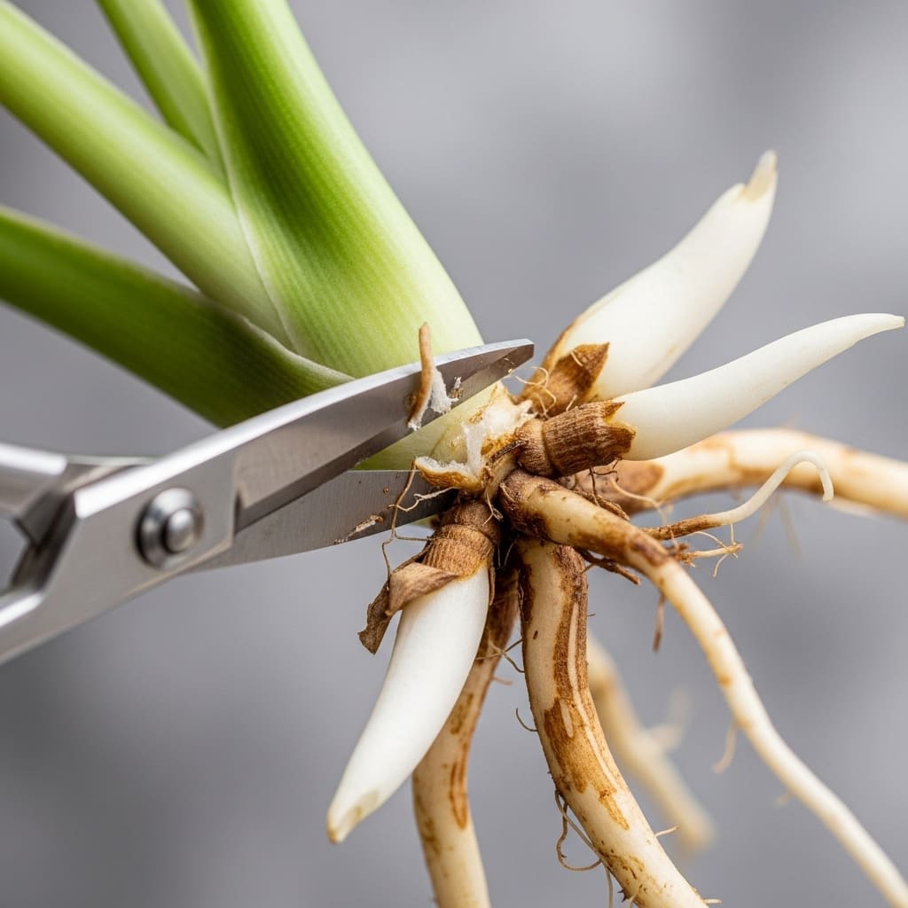Trimming mushy aroid roots; firm white tips kept