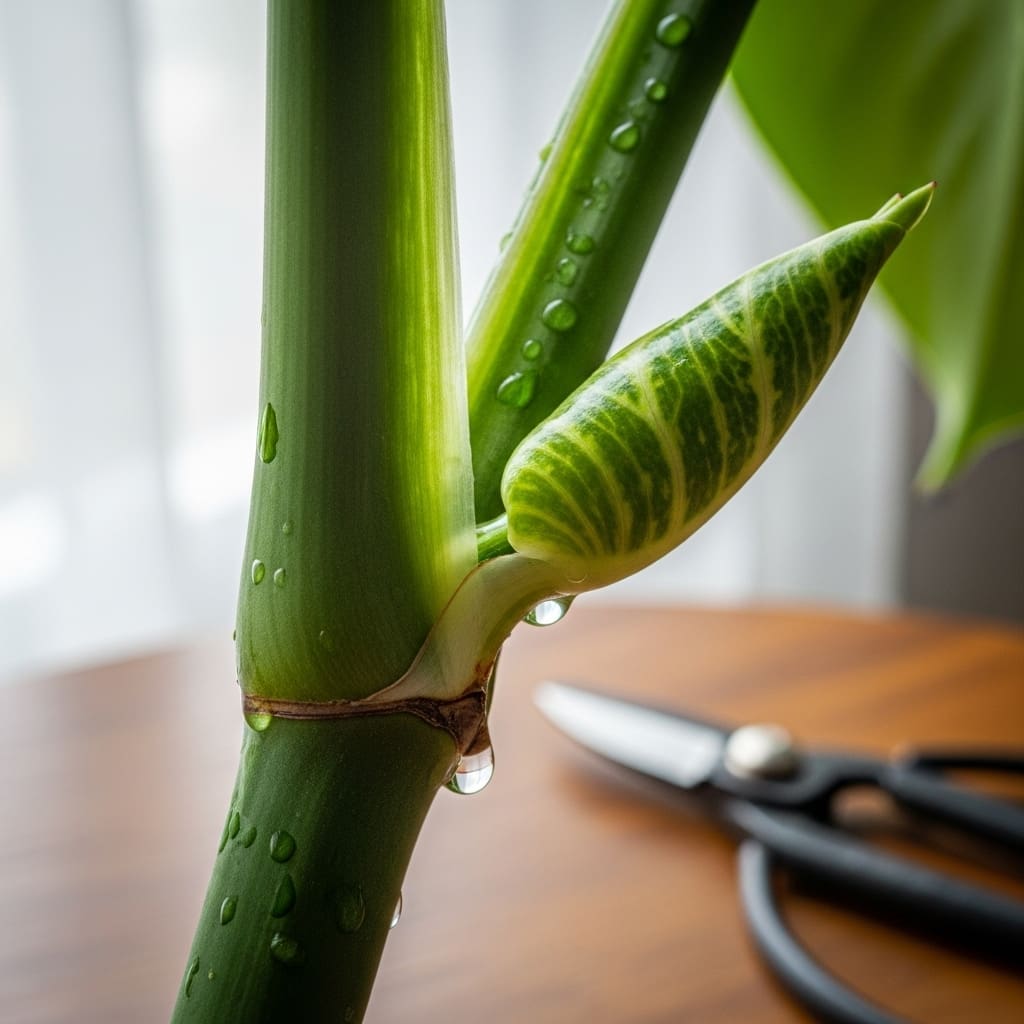 Variegated Monstera node with mottled bud—ideal cut point